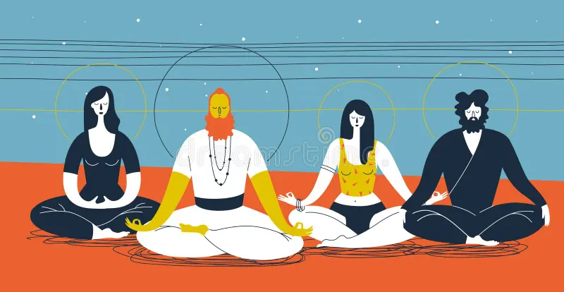 group people sitting yoga posture meditating against abstract blue orange background horizontal lines 93180272.jpg